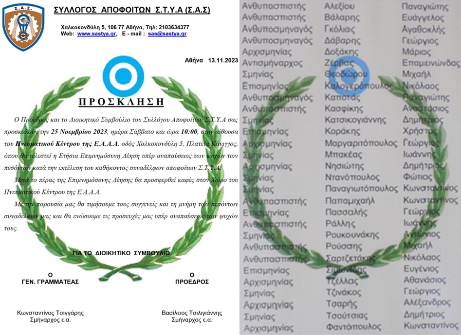 Επιμνημόσυνη δέηση πεσόντων κατά την εκτέλεση του καθήκοντος αποφοίτων ΣΤΥΑ